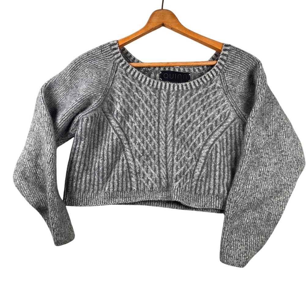 Quinn Sweater Womens Medium Gray 100% Cashmere Cropped Ribbed Cable Knit Raglan